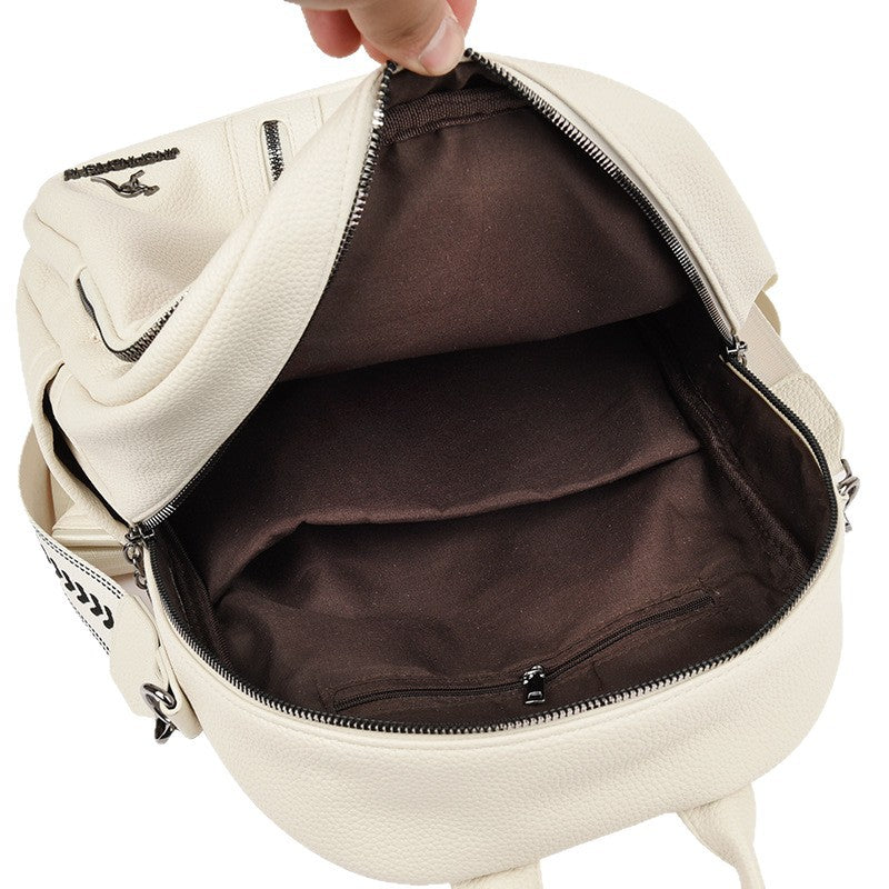 Geometric Patchwork Genuine Leather Exquisite Student Kangaroo Backpack