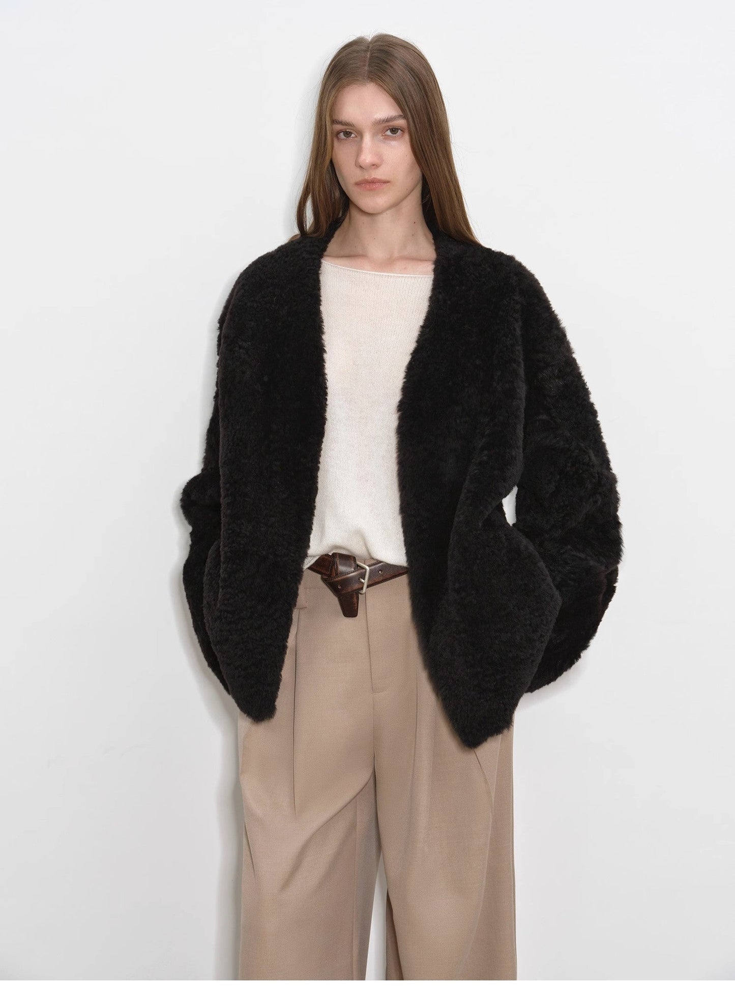 "Paris Night" luxury lightweight v-neck mid-length imported ragone sheepskin fur coat