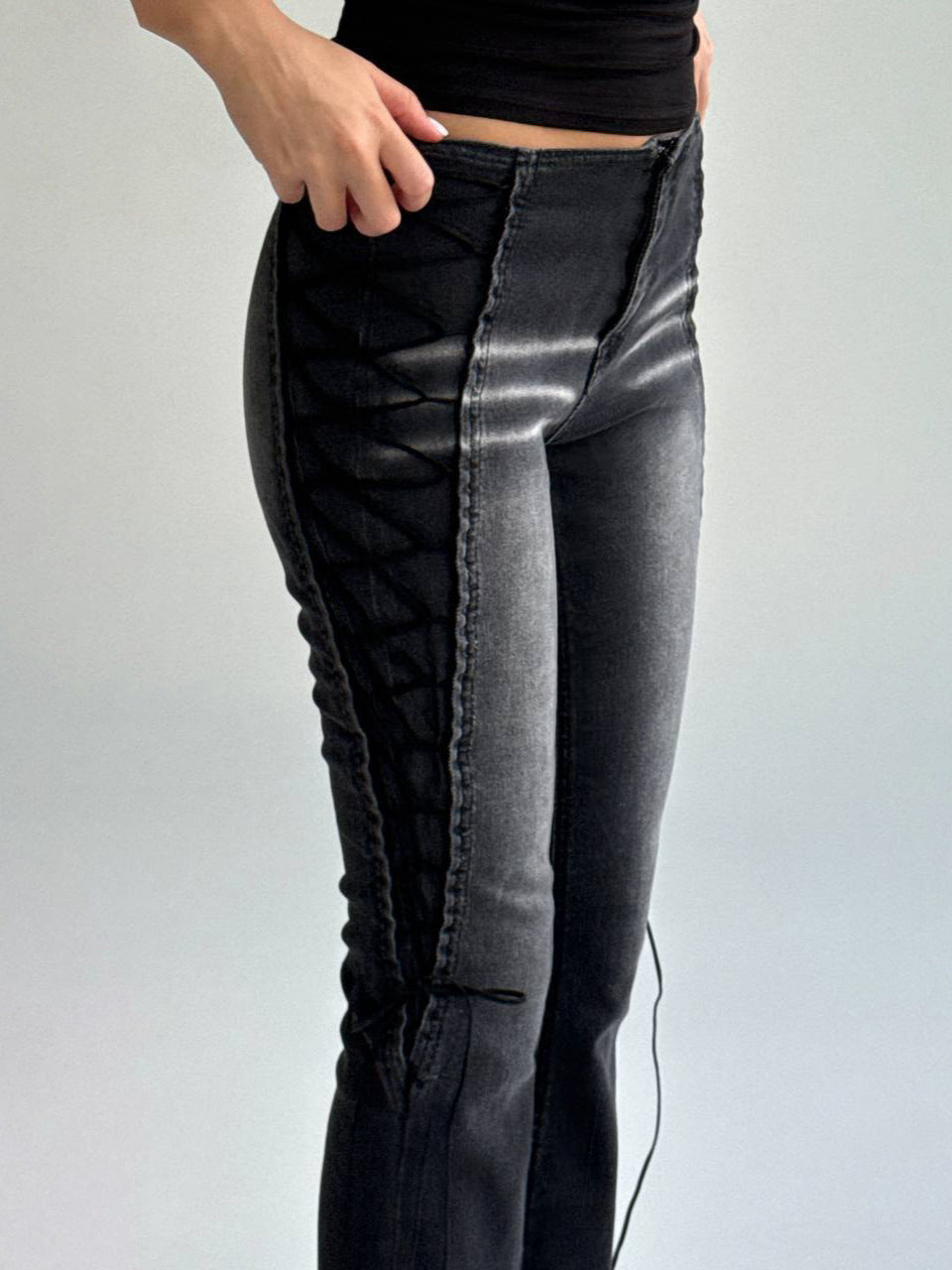 Washed Distressed Side Lace-Up Flare Jeans