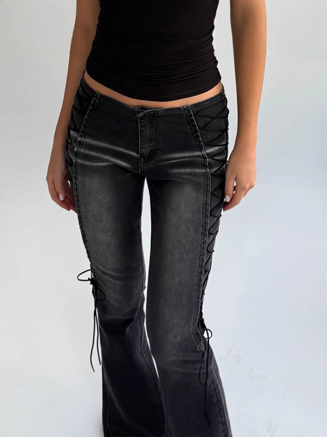 Washed Distressed Side Lace-Up Flare Jeans