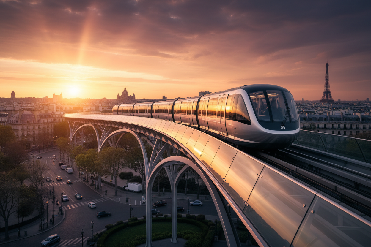 Génères moi une bannière métro parisien aérien Ligne 25 moderne couché du soleil